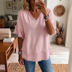 Casual pink V-neck short sleeve loose pullover women's t-shirt with fringe trim for daily wear.