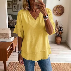 Women casual V-neck short sleeve fringed yellow top loose summer blouse daily apparel