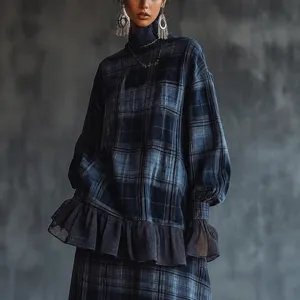 Women's Long Sleeve Plaid Dress High Neck Ruffle Hem Slim Fit Chic Commuter Polyester Dress For Party Daily Wear