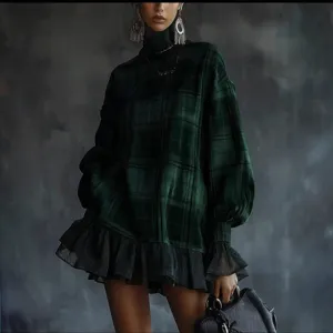 Elegant dark green plaid long sleeve mini dress with black mesh ruffle hem for women