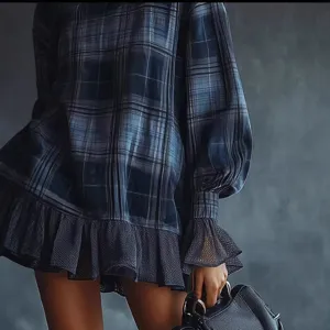 Stylish blue plaid long sleeve ruffle mini dress women's chic spring outfit main image