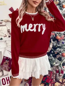 Christmas red knit sweater detail featuring white merry text and cozy long sleeves style.