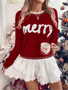 Christmas red knit sweater with white merry letter print and layered lace mini skirt.