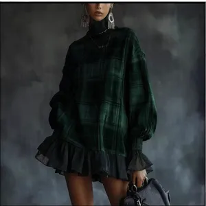 Women's dark green plaid high neck long sleeve ruffle hem mini dress elegant fashion apparel