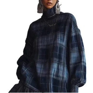 Stylish European and American style plaid high-neck long sleeve dress for women spring fashion.