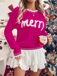 Women's pink Christmas knit sweater long sleeve festive holiday pullover casual cozy top apparel.