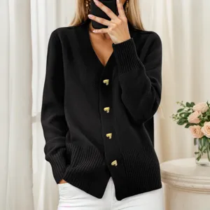 Cardigan de punto de manga larga con cuello en V para mujer con botones de corazón
