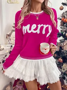 Women Christmas Long Sleeve Knit Sweater White Ruffled Skirt Festive Outfit Casual Top