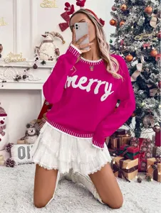 Christmas knit sweater for women, casual long sleeve pullover top with merry letter design.