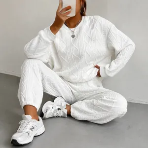 Women Casual Ribbed Jacquard Long Sleeve Top And Long Pants Two Piece Set Autumn Winter Fashion Solid Color Sweatsuit
