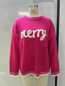 Pink Christmas long sleeve knit sweater for women, casual crewneck pullover with merry text.