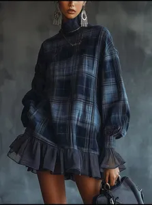 Damen Casual Baumwollmischung Karo Kleid Langarm Stehkragen Rüschensaum Schmale Passform Mini Frühling Schicke Kleidung