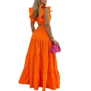 Women orange two piece set ruffle crop top and tiered maxi skirt summer fashion clothing