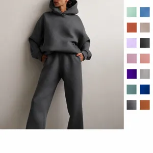 Women's Casual Solid Color Thickened Hooded Sweatshirt And Sweatpants Top And Bottom Tracksuit Long Sleeve Pullover
