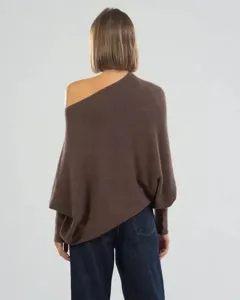 Pull tricoté femme couleur unie décontracté manches chauve-souris dos nu élégant.