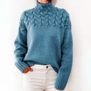 Pull-over Décontracté à Col Montant et Manches Longues en Tricot Cable pour Femmes Couleur Unie Chaud Hiver Mode
