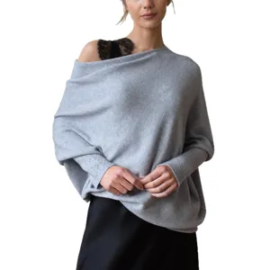 Pull-over en tricot gris décontracté à épaules dénudées pour femme vue principale coupe.