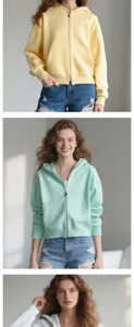 Detailed view of women's autumn short zip-up hooded sweatshirt casual cardigan top.