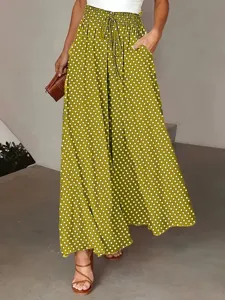 High waist polka dot wide leg pants for women, elastic waist with drawstring design.