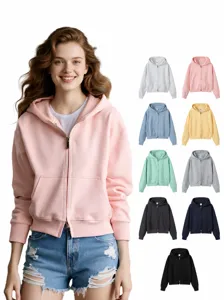 Women's Casual Cotton Solid Color Long Sleeve Hooded Zip Up Sweatshirt Cropped Loose Hoodie Jacket Top