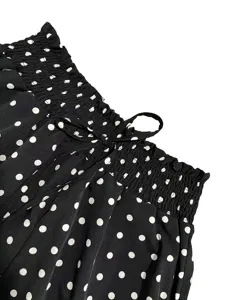 Black and white polka dot wide leg pants high elastic waist drawstring detail closeup