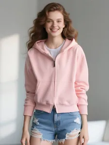 Women's pink zip-up hooded sweatshirt, casual cropped hoodie for autumn daily wear.