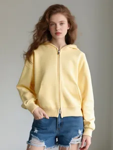 Women solid yellow zip up hooded sweatshirt short casual loose jacket top autumn apparel
