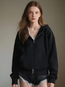 Women black zip up hoodie casual long sleeve hooded jacket casual outerwear top for autumn