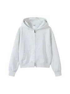 Women's light grey cropped zip-up hoodie casual long sleeve hooded sweatshirt top.