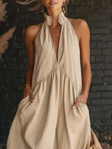 Robe longue de vacances unie sans manches col montant pour femmes mode ete chic style