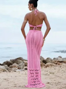 Pink crochet halter crop top and long skirt set, sexy knit bikini beach wear for women.