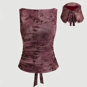Caraco vintage en tulles transparent avec imprimé papillon et floral haut sans manches élégant