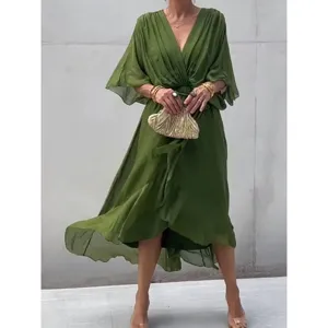 Elegant olive green batwing sleeve irregular long dress with V-neck and waist belt.