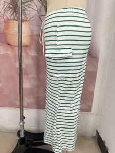 Plus size summer striped knit bodycon skirt with side pocket casual slim fit maxi skirt for women