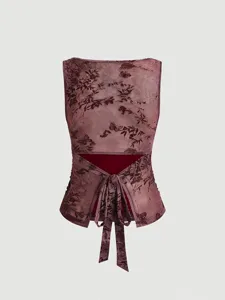 Vue détaillée du débardeur en mesh transparent avec flocage floral et dos ouvert.