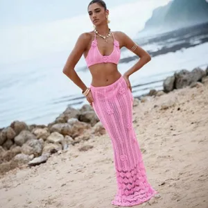 Pink crochet halter bikini set with matching long skirt sexy beachwear for summer vacation