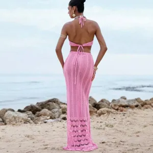 Pink crochet halter bikini two-piece long skirt, sexy backless beach swimsuit resort wear.
