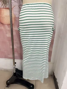 Green white striped knit long skirt slim fit bodycon maxi skirt with side pockets