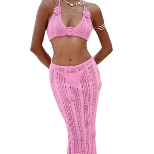 Pink crochet knit two piece halter crop top and maxi skirt set with 3d rose flower.