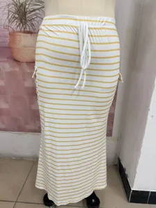 Women's Striped Knit Bodycon Skirt Summer Casual High Waist Drawstring Long Maxi Skirt