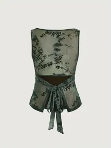 Top court femme transparent en tulle avec motif papillon floqué et lanières dos nu