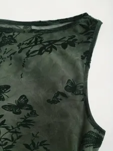 Top sans manches en tulle transparent avec motif papillon en velours, détail vert foncé