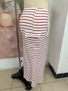 Summer red and white striped knit slim fit bodycon maxi skirt with cargo pocket for women.