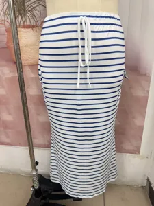 Detail view of the blue and white striped knit bodycon skirt with drawstring and pockets.
