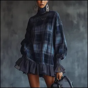 Schickes Karo-Langarmkleid mit Mesh-Rüschensaum für den eleganten Frühlings-Look.