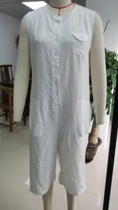 Mameluco corto sin mangas blanco de algodón y lino estilo vintage casual para mujer verano