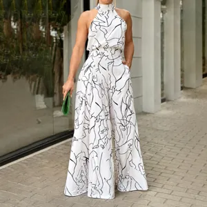 Women's Fashion Halter Neck Sleeveless Abstract Line Print High Waist Wide Leg Jumpsuit Casual Elegant Long Pants Summer Streetwear