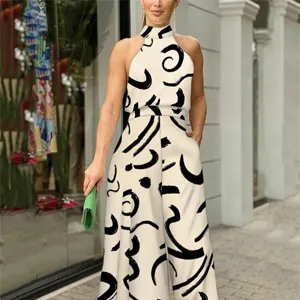 Fashion sexy halter neck abstract print jumpsuit for women stylish summer streetwear outfit