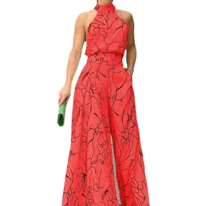 Women Fashion Halter Neck Abstract Print Jumpsuit Casual Elegant Sleeveless Wide Leg Pants