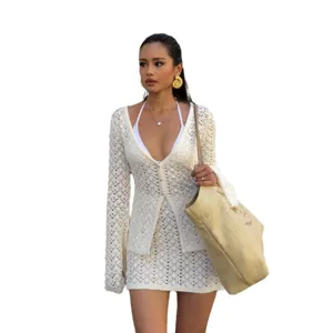 Women solid color crochet knit beach dress bikini cover-up two-piece set, main view.